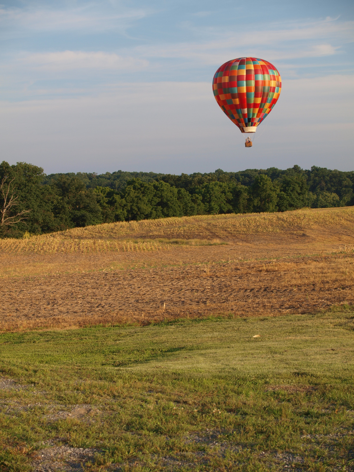Hot air balloon rising over a hayfield at sunrise