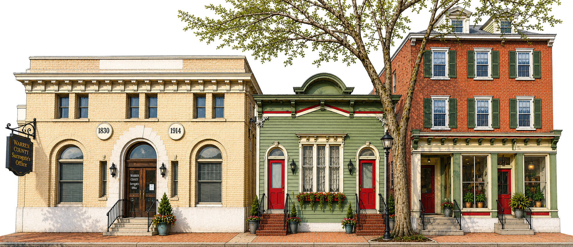 Illustration of a historic Main Street row: county surrogate's office, green Victorian, and red brick storefront